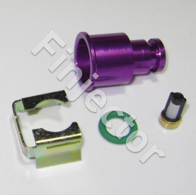 TOP adapter set for 11 mm dia (fuel rail). PURPLE, with filter, extends about 15 mm. For injector with 14 mm O ring. Anodized aluminium.