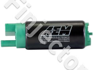 340lph E85-Compatible High Flow In-Tank Fuel Pump. 320lph@43psi. Includes Fuel Pump, installation instructions, wiring harness, pre filter. (AEM 50-1200)