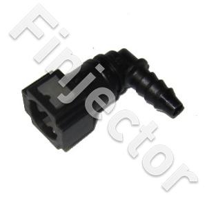 Female quick connector 90° of 7.9 mm tube. Output for 8 mm polyamide tube or hose.