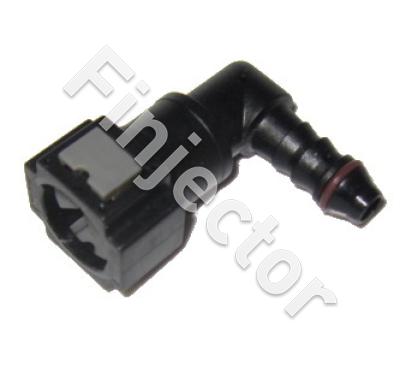 Female quick connector 90° of 7.9 mm tube. Output with O ring for 8 mm polyamide tube or hose.