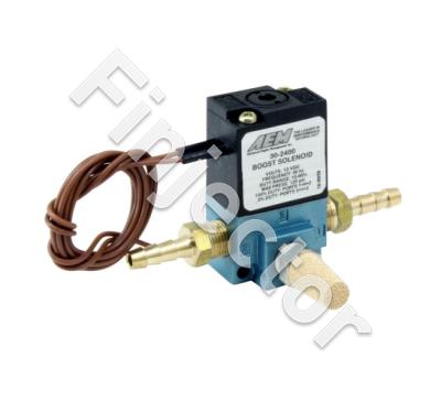 Boost Control Solenoid Kit. Includes:: Boost Control Solenoid, 2 X 1/8" NPT to 3/16" Barb Adapter & Muffler (AEM 30-2400)