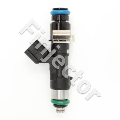 EV14 injector, 12 Ohm, 630 cc, E 20°, Gamma 12°, USCAR, O-O 61 mm, Long, 14 mm Short Top Adapter with Filter (Bosch 0280158298-L14)