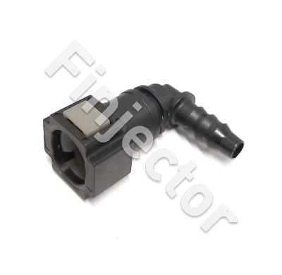 Female quick connector 90° for 7.9 mm male tube (4 mm deeper inner part).  Connection to 8 mm PA pipe or  hose.
