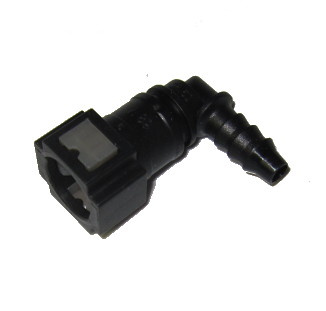 Female quick connector 90° of 7.9 mm tube. Output for 8 mm polyamide tube or hose.