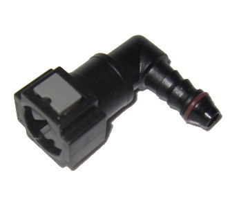 Female quick connector 90° of 7.9 mm (5/16") tube. Output with O ring for 8 mm polyamide tube or hose.