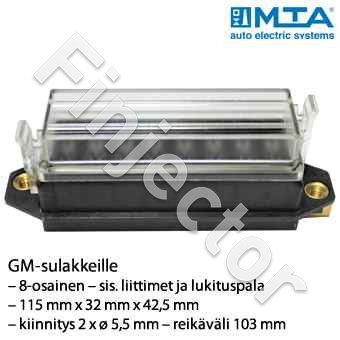 Fuse box for 8 pcs GM-type fuses, with cover and terminals.