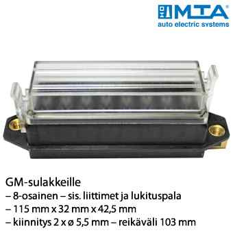 Sulakerasia 8 GM-sulakkeelle, upotettava, kannella. Johtolähdöt pohjasta.
