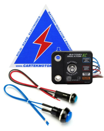 BATTERY ISOLATOR X-CLUB kit (Blue Ext. Button) 1 x Isolator X-CLUB (CK-BXC-01), 1 x Internal On/Off Button (CK-LT-01), 1 x Safety Stickers sheet (CK-SS-03), 1 x