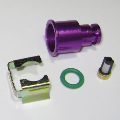 TOP adapter set for 11 mm dia (fuel rail). PURPLE, with filter, extends about 15 mm. For injector with 14 mm O ring. Anodized aluminium.