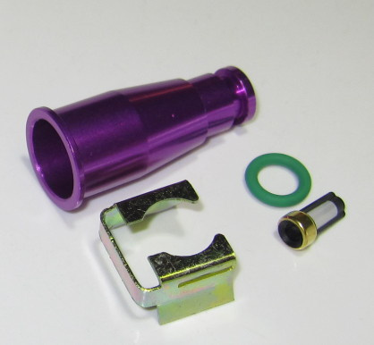 Suuttimen pitkä jatkoholkkisarja SUODATTIMELLA, jatkaa suutinta noin 28 mm. Violetti, anodisoitua alumiinia. Kiinnitetään tukevasti clipillä (14 mm) suuttimeen.