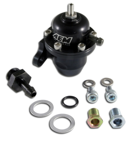 Adjustable Fuel Pressure Regulator. Black. Acura & Honda Offset Flange with Straight Return Line Fitting