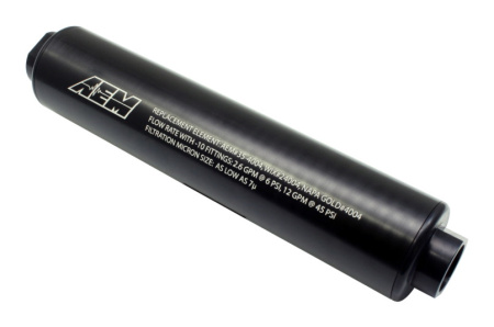 Universal AEM High Volume Fuel Filter (flter including). Inlet: -10AN Outlet: -10AN (AEM 25-201BK)