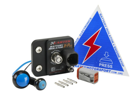 BATTERY ISOLATOR X-PRO kit (Blue Ext. Button) 1 x Isolator X-PRO (CK-BXP-02), 1 x Internal On/Off Button (CK-LT-01), 1 x Safety Stickers sheet (CK-SS-03), 1 x C