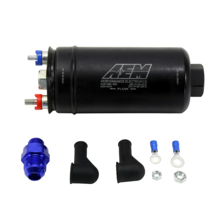380lph Inline High Flow Fuel Pump. 380lph@43psi, 270LPH@120psi. -10AN Inlet & -6AN Outlet. Includes Fuel Pump, installation instructions, 6AN to 8AN check valve (AEM 50-1005)
