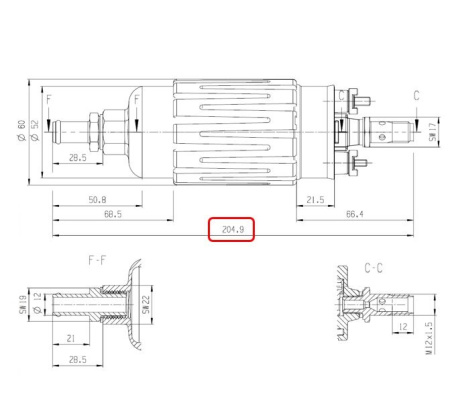 Electric fuel pump, in 12 mm hose, out M12X1.5 for banjo (Bosch 0580464203)