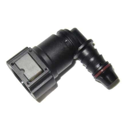 Quick connector for 9.5 mm (3/8") pipe, 90°, output with O ring for 10 mm polyamide tube or 9.5/10 mm hose.