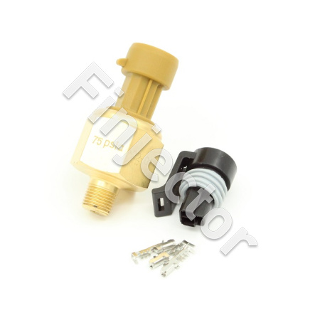 75 PSIa or 5 Bar Brass Sensor Kit. Brass Sensor Body. 1/8" NPT Male Thread. Includes:: 75 PSIa or 5 Bar Brass Sensor, Connector & Pins