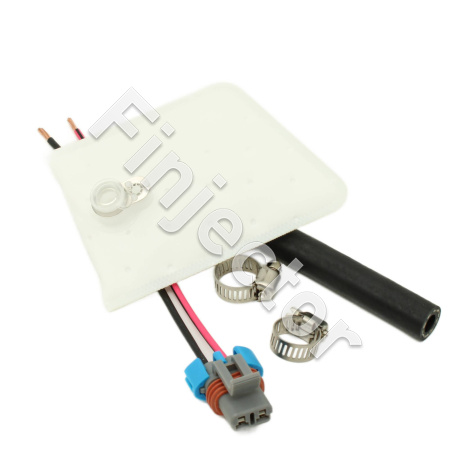 Universal installation kit for high power Walbro intank fuel pumps, includes filter, connector for example F90000267 pump, 12 cm of hose and two 8 mm hoseclamps (400-0085)
