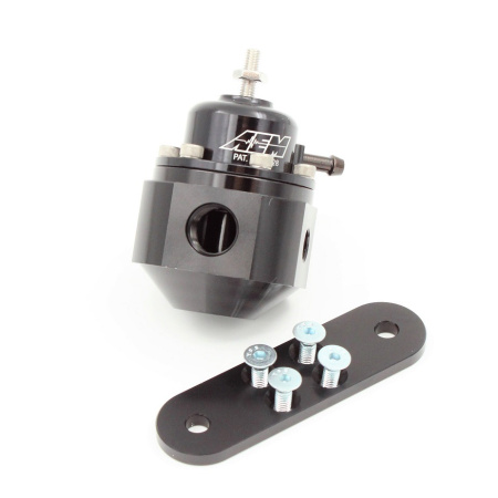 Universal Adjustable Fuel Pressure Regulator. Black. Inlet: 2 X 6AN (9/16-18) Outlet: 6AN (9/16"-18) Gauge Port:: 1/8"NPT. Pressure range 20-150 Psi. (AEM 25-302BK)