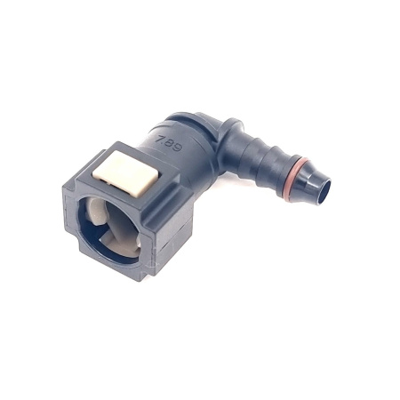 Female quick connector, Short version, 90° of 7.9 mm tube. Output with O ring for 8 mm polyamide tube or hose.